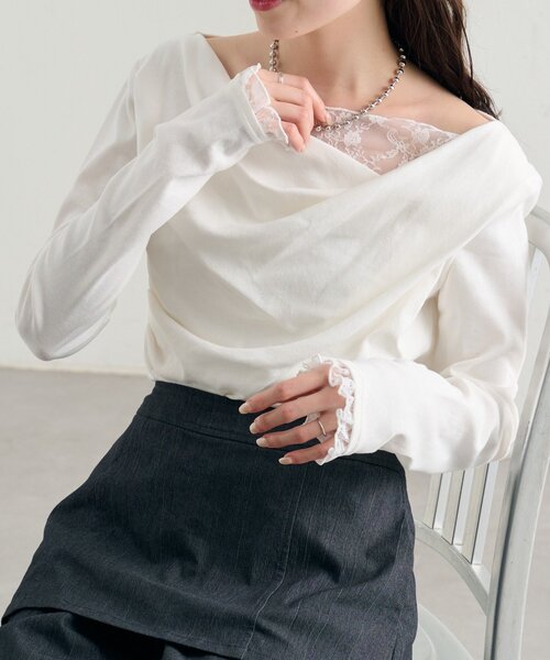 mystic（ミスティック）の「【4色展開 / 一枚で決まる】レースドッキングオフショルロンT（Tシャツ/カットソー・レディース・オフホワイト/ブラック/グレー/グリーン・FREE）」の13枚目の写真