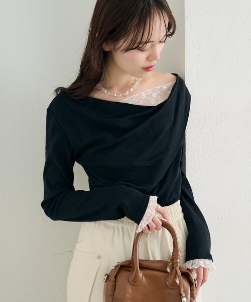 mystic（ミスティック）の「【4色展開 / 一枚で決まる】レースドッキングオフショルロンT（Tシャツ/カットソー・レディース・オフホワイト/ブラック/グレー/グリーン・FREE）」の14枚目の写真