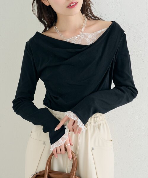 mystic（ミスティック）の「【4色展開 / 一枚で決まる】レースドッキングオフショルロンT（Tシャツ/カットソー・レディース・オフホワイト/ブラック/グレー/グリーン・FREE）」の15枚目の写真