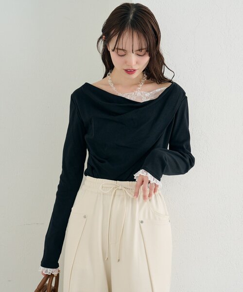 mystic（ミスティック）の「【4色展開 / 一枚で決まる】レースドッキングオフショルロンT（Tシャツ/カットソー・レディース・オフホワイト/ブラック/グレー/グリーン・FREE）」の16枚目の写真