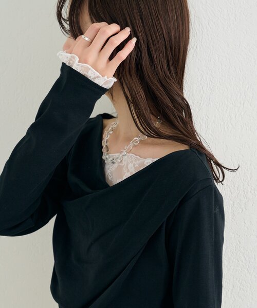 mystic（ミスティック）の「【4色展開 / 一枚で決まる】レースドッキングオフショルロンT（Tシャツ/カットソー・レディース・オフホワイト/ブラック/グレー/グリーン・FREE）」の18枚目の写真