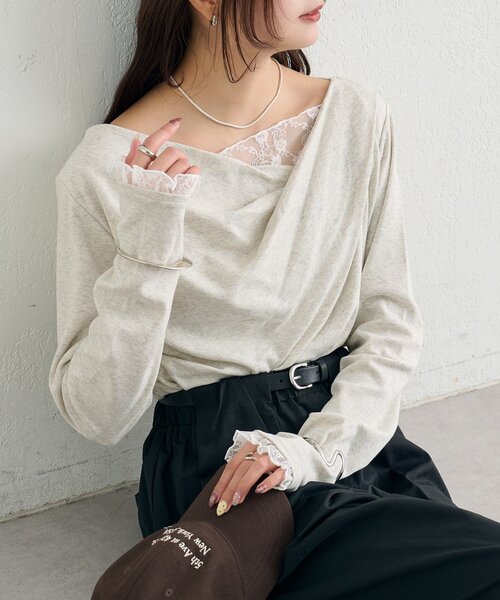 4色展開 / 一枚で決まる】レースドッキングオフショルロンT（Tシャツ 