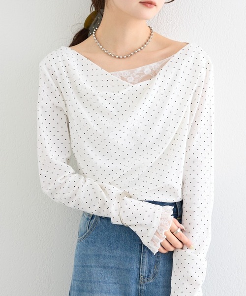 mystic（ミスティック）の「【6色展開 / 一枚で決まる】レースドッキングオフショルロンT（Tシャツ/カットソー・レディース・グリーン/ブラック/グレー/オフホワイト/ホワイト/ピンク・FREE）」の2枚目の写真