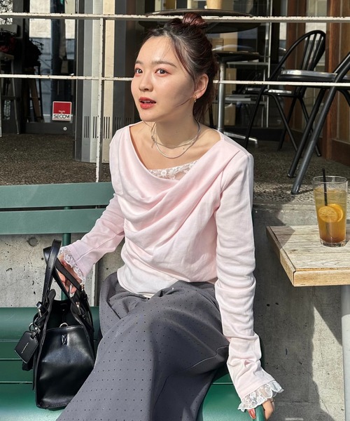 mystic（ミスティック）の「【6色展開 / 一枚で決まる】レースドッキングオフショルロンT（Tシャツ/カットソー・レディース・グリーン/ブラック/グレー/オフホワイト/ホワイト/ピンク・FREE）」の6枚目の写真