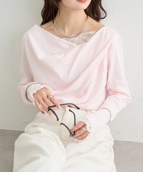 mystic（ミスティック）の「【6色展開 / 一枚で決まる】レースドッキングオフショルロンT（Tシャツ/カットソー・レディース・グリーン/ブラック/グレー/オフホワイト/ホワイト/ピンク・FREE）」の7枚目の写真