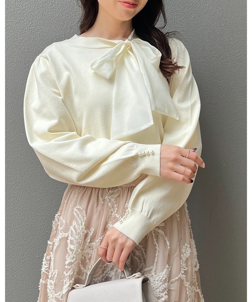 couture brooch(クチュールブローチ)の「【洗える・着映え】オーガンジーリボンタイ ニット(ニット/セーター・レディース・ベビーピンク/アイボリー/ブラック・38/36/42)」の2枚目の写真