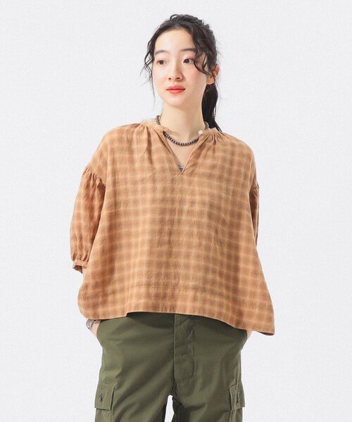 BEAMS BOY(ビームスボーイ)の「リネン チェック スモック シャツ <イージーケア>(シャツ/ブラウス・レディース・ブラック/ベージュ/レッド・ONE SIZE)」の7枚目の写真