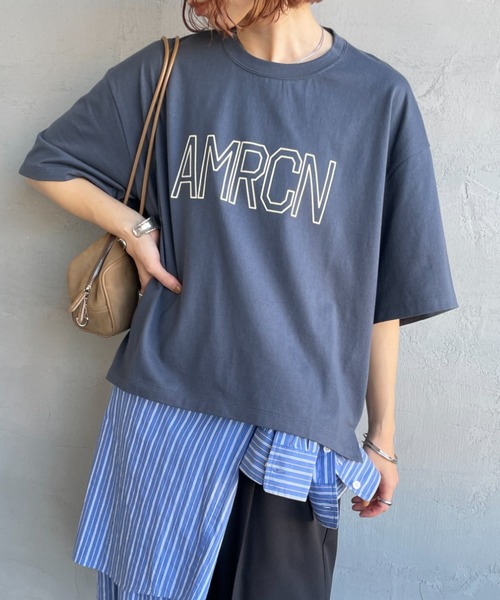 AMERICANA（アメリカーナ）の「[Americana/アメリカーナ] 別注 AMRCN ショート丈フロッキープリントTシャツ【追加】（Tシャツ/カットソー・レディース・イエロー/ネイビー/オフホワイト・ONE SIZE）」の3枚目の写真