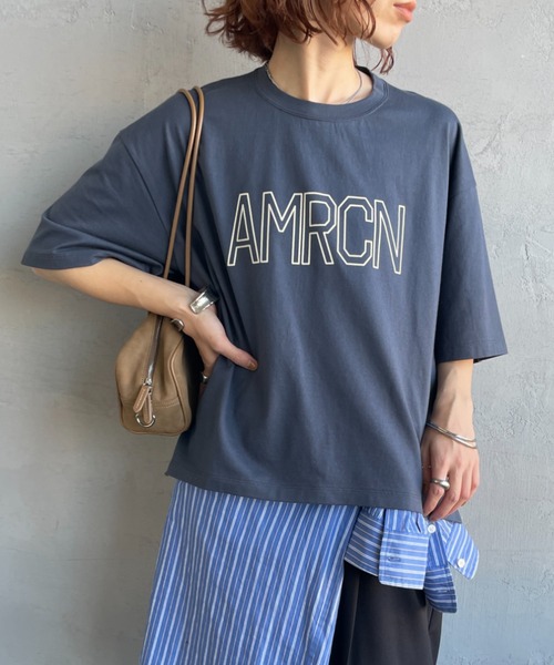 AMERICANA（アメリカーナ）の「[Americana/アメリカーナ] 別注 AMRCN ショート丈フロッキープリントTシャツ【追加】（Tシャツ/カットソー・レディース・イエロー/ネイビー/オフホワイト・ONE SIZE）」の9枚目の写真