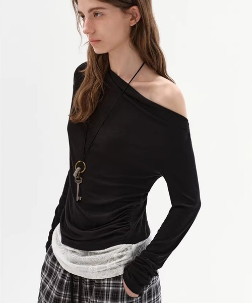 Fano Studios(ファノ ストゥディオズ)の「レース アシンメトリーオフショルダー フェイクレイヤードトップス FC26S002【Fano Studios】【2026SS】(Tシャツ/カットソー・レディース・ブラック・L/M/S)」の5枚目の写真