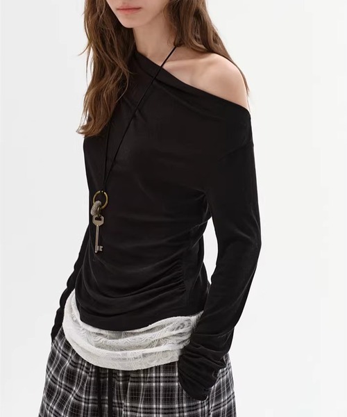 Fano Studios(ファノ ストゥディオズ)の「レース アシンメトリーオフショルダー フェイクレイヤードトップス FC26S002【Fano Studios】【2026SS】(Tシャツ/カットソー・レディース・ブラック・L/M/S)」の7枚目の写真