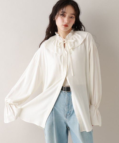 RAGEBLUE（レイジブルー）の「フリルカラーチュニックブラウス（シャツ/ブラウス・レディース・ホワイト/グリーン・FREE）」の14枚目の写真