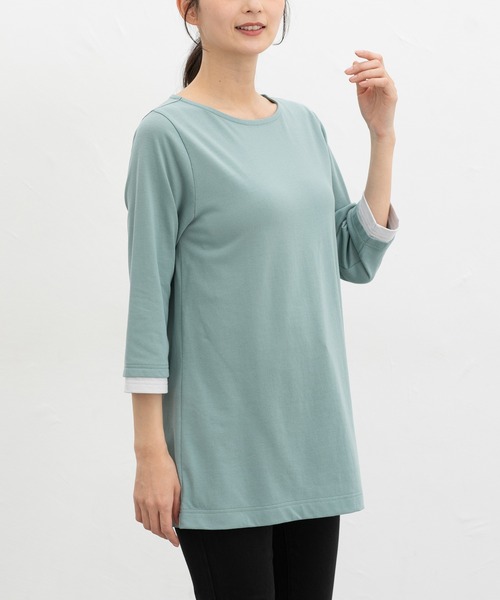 Honeys(ハニーズ)の「【UVカット】7分袖Aラインチュニック(Tシャツ/カットソー・レディース・ネイビー/ブラック×ホワイト/ブラック×ベージュ/スモーキーグリーン系・L/LL/M)」の3枚目の写真