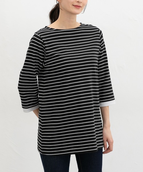 Honeys(ハニーズ)の「【UVカット】7分袖Aラインチュニック(Tシャツ/カットソー・レディース・ネイビー/ブラック×ホワイト/ブラック×ベージュ/スモーキーグリーン系・L/LL/M)」の1枚目の写真