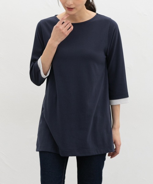 Honeys(ハニーズ)の「【UVカット】7分袖Aラインチュニック(Tシャツ/カットソー・レディース・ネイビー/ブラック×ホワイト/ブラック×ベージュ/スモーキーグリーン系・L/LL/M)」の4枚目の写真