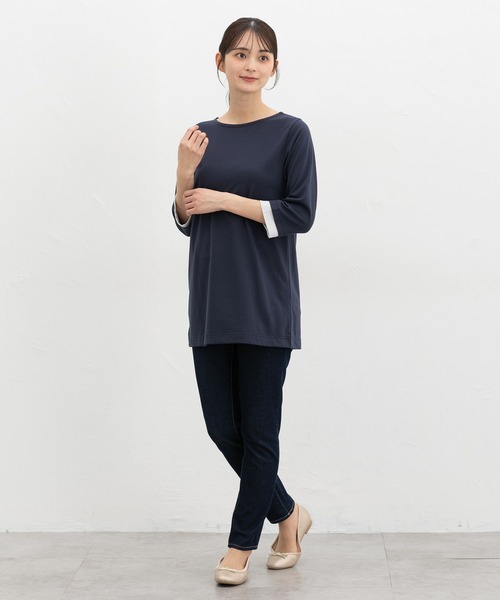 Honeys(ハニーズ)の「【UVカット】7分袖Aラインチュニック(Tシャツ/カットソー・レディース・ネイビー/ブラック×ホワイト/ブラック×ベージュ/スモーキーグリーン系・L/LL/M)」の9枚目の写真