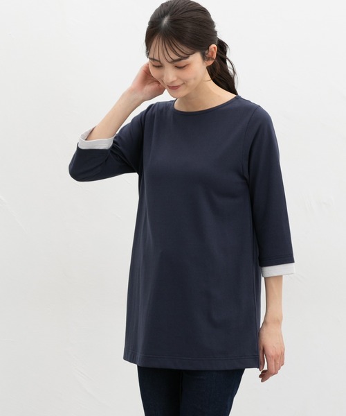 Honeys(ハニーズ)の「【UVカット】7分袖Aラインチュニック(Tシャツ/カットソー・レディース・ネイビー/ブラック×ホワイト/ブラック×ベージュ/スモーキーグリーン系・L/LL/M)」の10枚目の写真