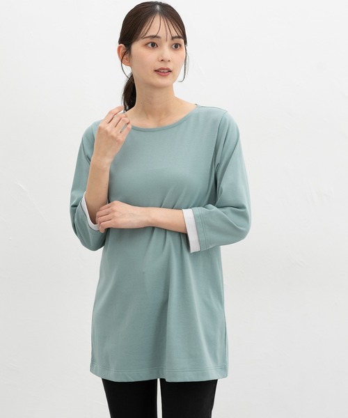 Honeys(ハニーズ)の「【UVカット】7分袖Aラインチュニック(Tシャツ/カットソー・レディース・ネイビー/ブラック×ホワイト/ブラック×ベージュ/スモーキーグリーン系・L/LL/M)」の13枚目の写真