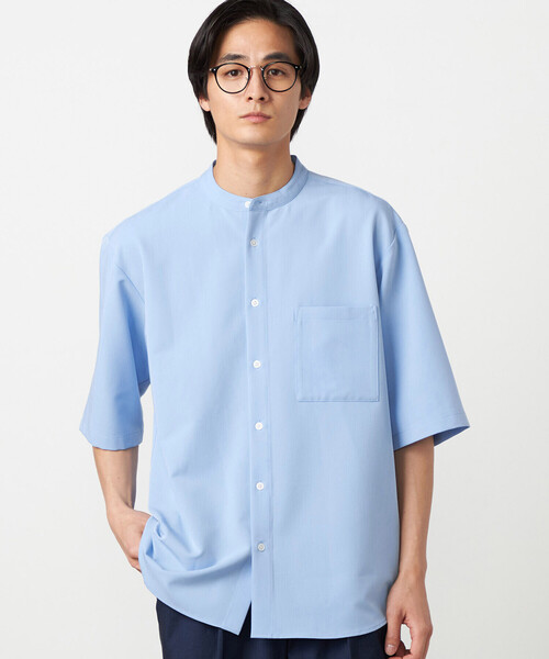 COMME CA ISM(コムサイズム)の「ウールライク バンドカラー5分袖シャツ(シャツ/ブラウス・メンズ・サックスブルー/ホワイト/ネイビー/グレー・MEDIUM/LARGE/SMALL)」の4枚目の写真