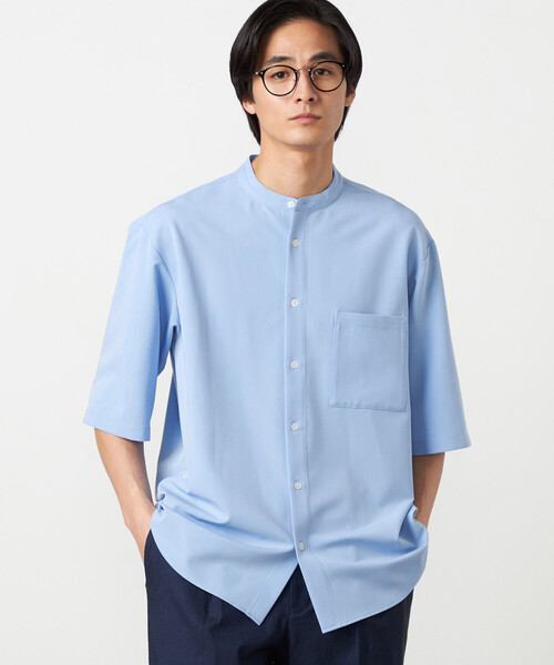 COMME CA ISM(コムサイズム)の「ウールライク バンドカラー5分袖シャツ(シャツ/ブラウス・メンズ・サックスブルー/ホワイト/ネイビー/グレー・MEDIUM/LARGE/SMALL)」の8枚目の写真