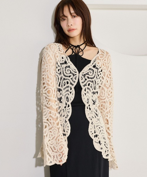 mysty woman（ミスティウーマン）の「スカラクロシェ風カーディガンLS 666021（シャツ/ブラウス・レディース・アイボリー/ブラック・FREE）」の12枚目の写真