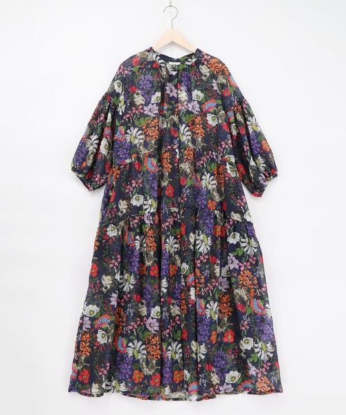 ScoLar（スカラー）の「ScoLar(スカラー) 花ネコ柄シアー素材ティアードシャツワンピ（シャツワンピース・レディース・ブラック/ネイビー・MEDIUM）」の12枚目の写真