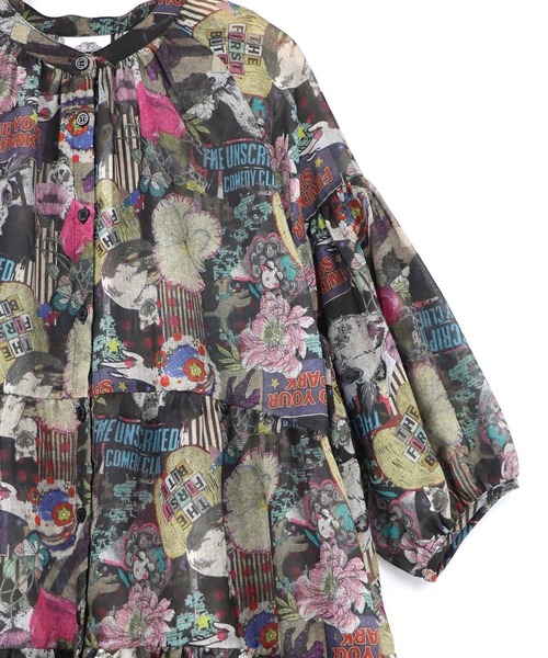 ScoLar（スカラー）の「ScoLar(スカラー) 花ネコ柄シアー素材ティアードシャツワンピ（シャツワンピース・レディース・ブラック/ネイビー・MEDIUM）」の18枚目の写真