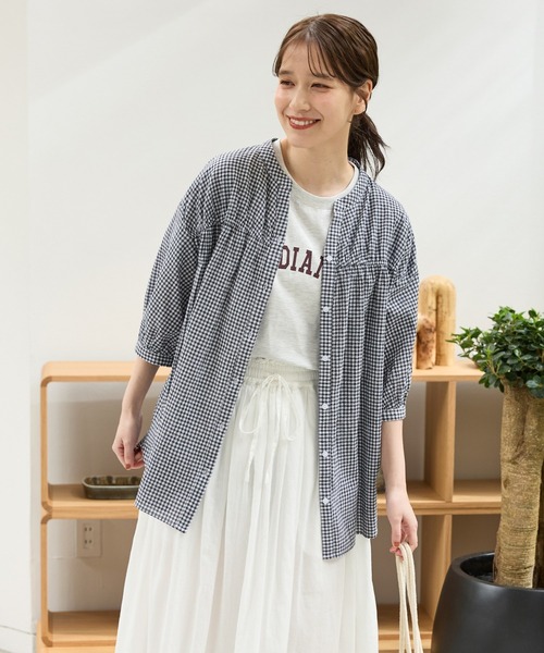 Honeys(ハニーズ)の「6分袖切替チュニック(シャツ/ブラウス・レディース・ネイビー/モカ/ホワイト系その他/ブルー系その他3/グレイッシュブルー・L/LL/M/S)」の7枚目の写真