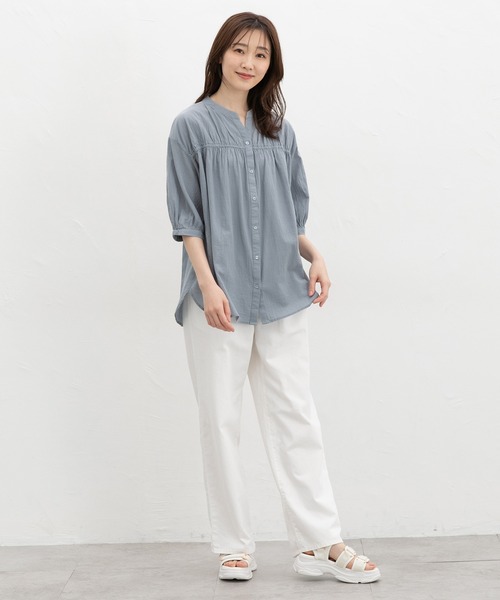 Honeys(ハニーズ)の「6分袖切替チュニック(シャツ/ブラウス・レディース・ネイビー/モカ/ホワイト系その他/ブルー系その他3/グレイッシュブルー・L/LL/M/S)」の12枚目の写真