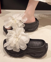 立体フラワー×パール 厚底ボリュームサンダル