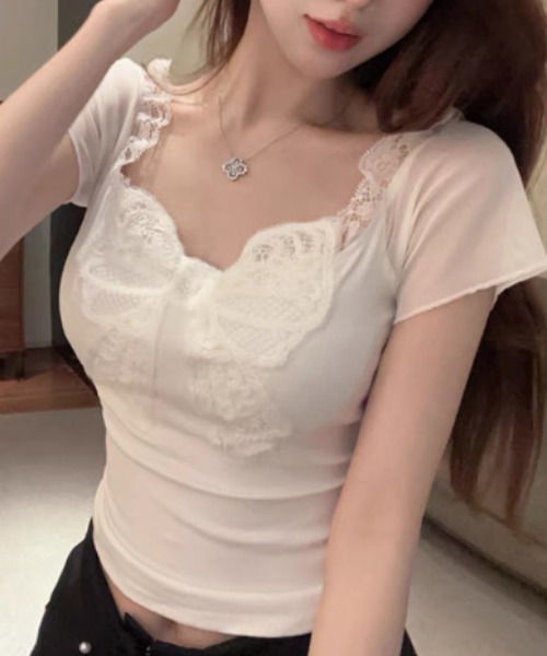 SHEPP（シープ）の「レースリボン半袖パフスリーブシアートップス（Tシャツ/カットソー・レディース・オフホワイト・S/M）」の4枚目の写真