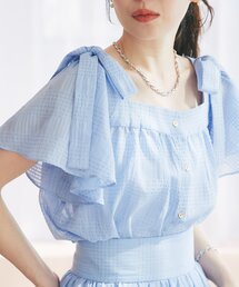 La boutique BonBon | 【セットアップ可・お上品愛され】シアーチェックリボンショルダーブラウス(シャツ/ブラウス)