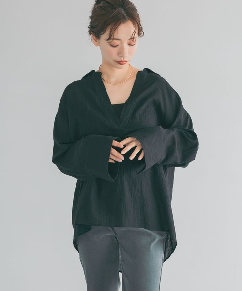 mysty woman(ミスティウーマン)の「コットンシアースキッパーシャツ 678692(シャツ/ブラウス・レディース・サックスブルー/ブラック/オフホワイト・FREE)」の1枚目の写真