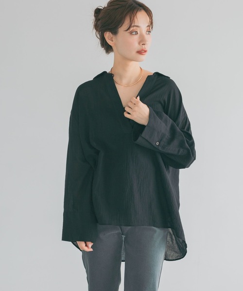 mysty woman(ミスティウーマン)の「コットンシアースキッパーシャツ 678692(シャツ/ブラウス・レディース・サックスブルー/ブラック/オフホワイト・FREE)」の7枚目の写真