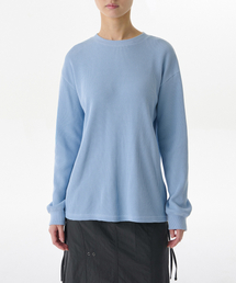 ウィメンズワッフルリラックスクルーネック長袖Tシャツ[スカイブルー]