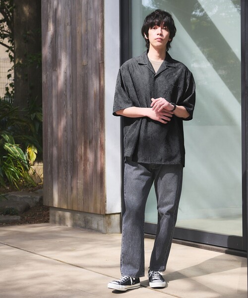 green label relaxing(グリーンレーベルリラクシング)の「リネンライク ジャガード オープンカラー 半袖 シャツ(シャツ/ブラウス・メンズ・ダークグリーン/グレー系/ネイビー・L/XL/M/S)」の4枚目の写真