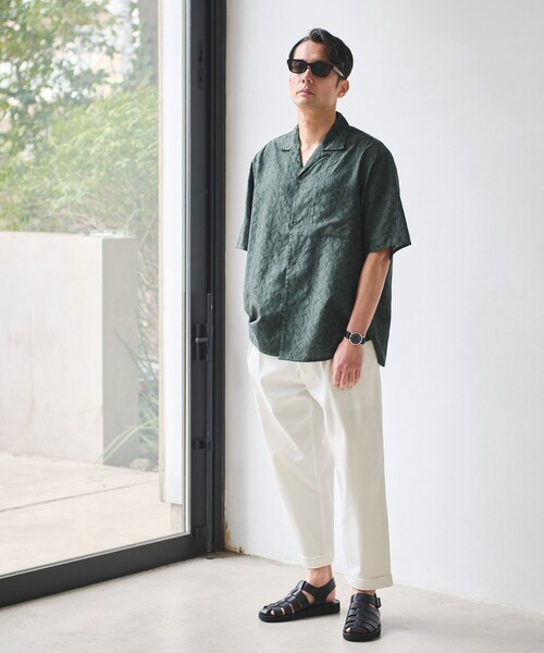 green label relaxing(グリーンレーベルリラクシング)の「リネンライク ジャガード オープンカラー 半袖 シャツ(シャツ/ブラウス・メンズ・ダークグリーン/グレー系/ネイビー・L/XL/M/S)」の5枚目の写真