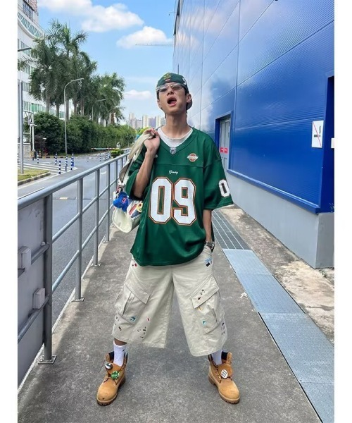 Ritzy(リッツィー)の「メッシュ素材 オーバーサイズ 運動半袖トップス(Tシャツ/カットソー・メンズ・グリーン/ブラック・L/XL/M)」の10枚目の写真