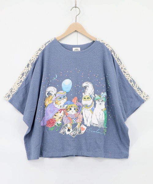 セール】162634：仮面舞踏会のネコ柄 ドルマンスリーブTシャツ（T