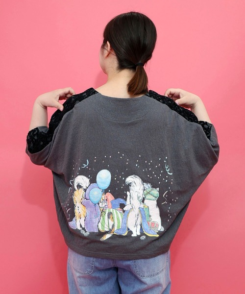 ScoLar（スカラー）の「162634：仮面舞踏会のネコ柄 ドルマンスリーブTシャツ（Tシャツ/カットソー・レディース・ブルー/チャコールグレー/オフホワイト・M）」の9枚目の写真