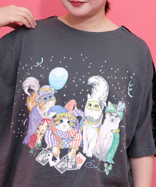 ScoLar（スカラー）の「162634：仮面舞踏会のネコ柄 ドルマンスリーブTシャツ（Tシャツ/カットソー・レディース・ブルー/チャコールグレー/オフホワイト・M）」の10枚目の写真