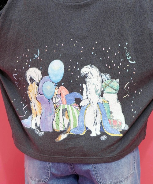 ScoLar（スカラー）の「162634：仮面舞踏会のネコ柄 ドルマンスリーブTシャツ（Tシャツ/カットソー・レディース・ブルー/チャコールグレー/オフホワイト・M）」の11枚目の写真