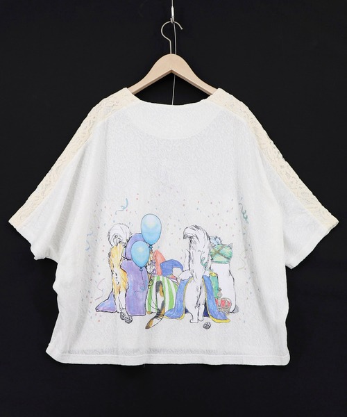 ScoLar（スカラー）の「162634：仮面舞踏会のネコ柄 ドルマンスリーブTシャツ（Tシャツ/カットソー・レディース・ブルー/チャコールグレー/オフホワイト・M）」の12枚目の写真