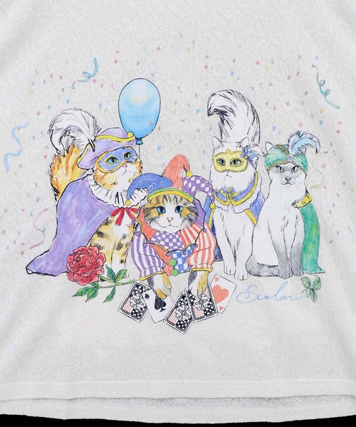 ScoLar（スカラー）の「162634：仮面舞踏会のネコ柄 ドルマンスリーブTシャツ（Tシャツ/カットソー・レディース・ブルー/チャコールグレー/オフホワイト・M）」の13枚目の写真