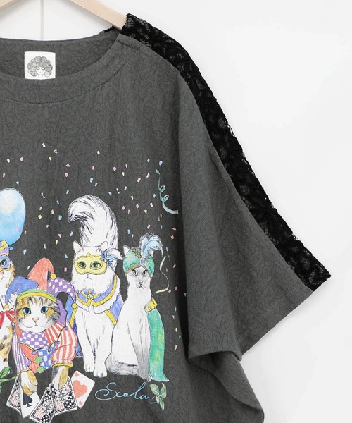 ScoLar（スカラー）の「162634：仮面舞踏会のネコ柄 ドルマンスリーブTシャツ（Tシャツ/カットソー・レディース・ブルー/チャコールグレー/オフホワイト・M）」の20枚目の写真