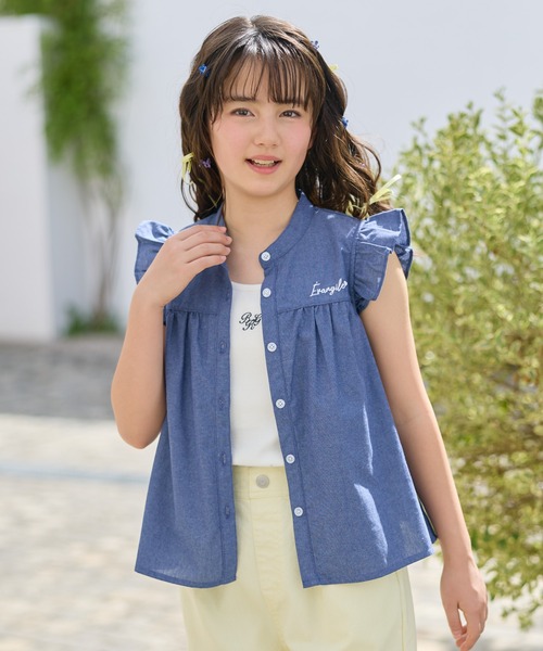 Amourire girl(アムリールガール)の「ダンガリー ノースリーブ シャツ ブラウス コットン100%(シャツ/ブラウス・キッズ・ブルー/サックスブルー・130cm/140cm/150cm/160cm)」の21枚目の写真