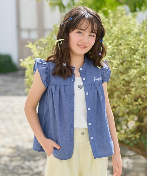 Amourire girl(アムリールガール)の「ダンガリー ノースリーブ シャツ ブラウス コットン100%(シャツ/ブラウス・キッズ・ブルー/サックスブルー・130cm/140cm/150cm/160cm)」の19枚目の写真