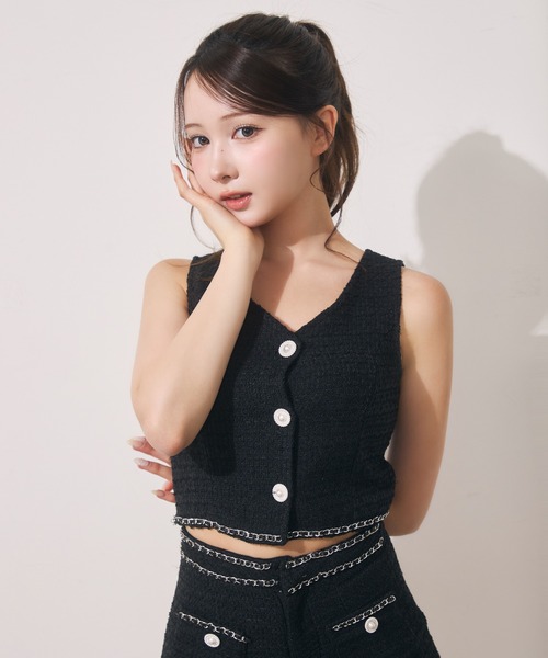 onlyayu00　新品　未使用品　シェリエ クルーブツイードトップス 黒 ツイードセットアップ（セットアップ）｜Noelie（ノエリー）の