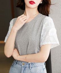 刺繍切替 ラウンドネック Tシャツ