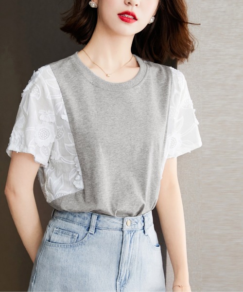 AMAJI(アマジ)の「刺繍切替 ラウンドネック Tシャツ(Tシャツ/カットソー・レディース・グレー・SMALL/MEDIUM/LARGE/X-LARGE)」の3枚目の写真